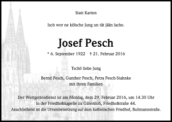 Anzeige von Josef Pesch von Kölner Stadt-Anzeiger / Kölnische Rundschau / Express