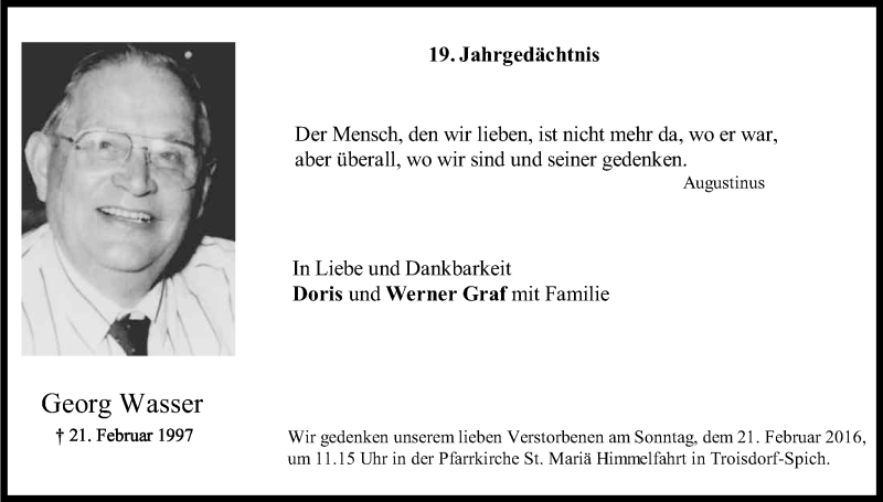  Traueranzeige für Georg Wasser vom 20.02.2016 aus Kölner Stadt-Anzeiger / Kölnische Rundschau / Express