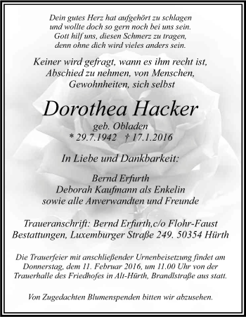 Anzeige von Dorothea Hacker von Kölner Stadt-Anzeiger / Kölnische Rundschau / Express