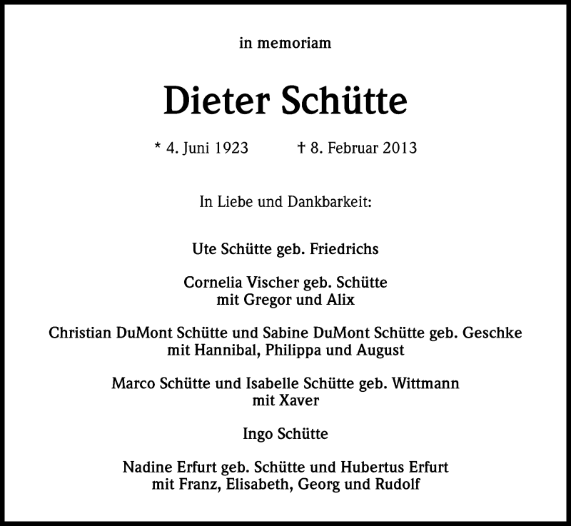  Traueranzeige für Dieter Schütte vom 06.02.2016 aus Kölner Stadt-Anzeiger / Kölnische Rundschau / Express