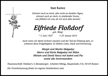 Anzeige von Elfriede Floßdorf von Kölner Stadt-Anzeiger / Kölnische Rundschau / Express