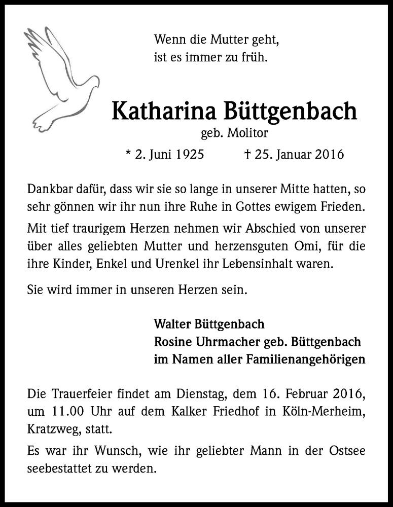  Traueranzeige für Katharina Büttgenbach vom 06.02.2016 aus Kölner Stadt-Anzeiger / Kölnische Rundschau / Express