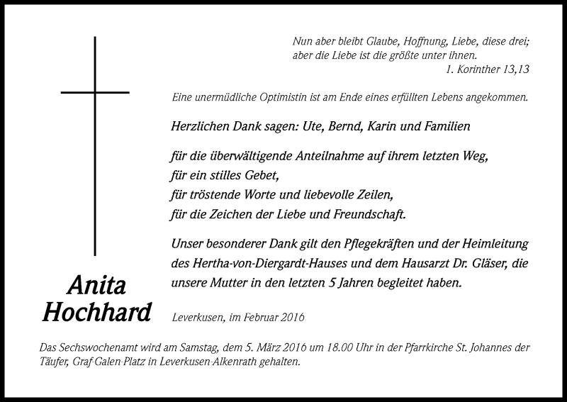  Traueranzeige für Anita Hochhard vom 27.02.2016 aus Kölner Stadt-Anzeiger / Kölnische Rundschau / Express