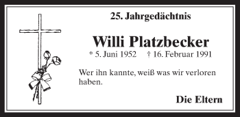 Anzeige von Willi Platzbecker von  Werbepost 