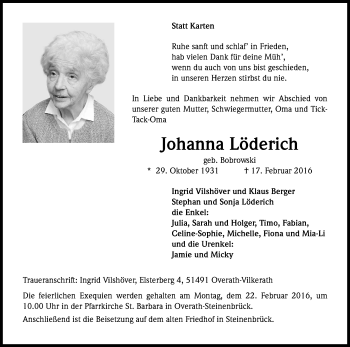 Anzeige von Johanna Löderich von Kölner Stadt-Anzeiger / Kölnische Rundschau / Express