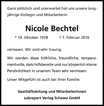 Anzeige von Nicole Bechtel von Kölner Stadt-Anzeiger / Kölnische Rundschau / Express
