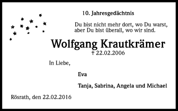Anzeige von Wolfgang Krautkrämer von Kölner Stadt-Anzeiger / Kölnische Rundschau / Express