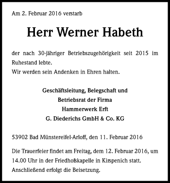 Anzeige von Werner Habeth von Kölner Stadt-Anzeiger / Kölnische Rundschau / Express