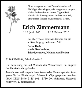 Anzeige von Erich Zimmermann von Kölner Stadt-Anzeiger / Kölnische Rundschau / Express