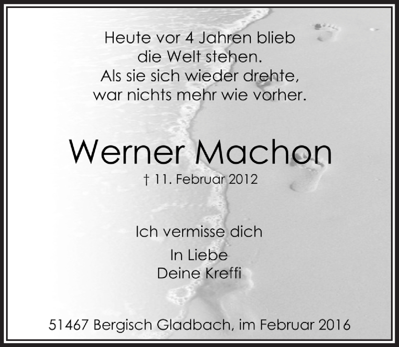 Traueranzeige für Werner Machon vom 10.02.2016 aus  Bergisches Handelsblatt 