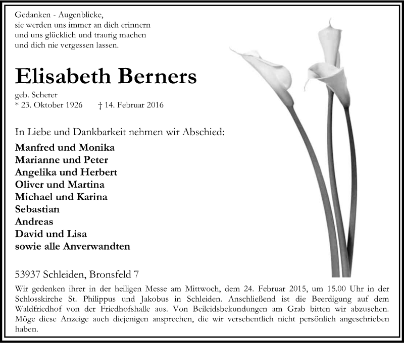  Traueranzeige für Elisabeth Berners vom 20.02.2016 aus Kölner Stadt-Anzeiger / Kölnische Rundschau / Express