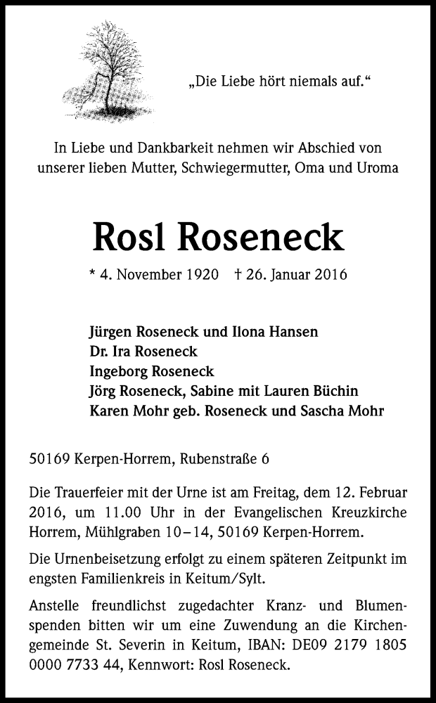  Traueranzeige für Rosl Roseneck vom 06.02.2016 aus Kölner Stadt-Anzeiger / Kölnische Rundschau / Express