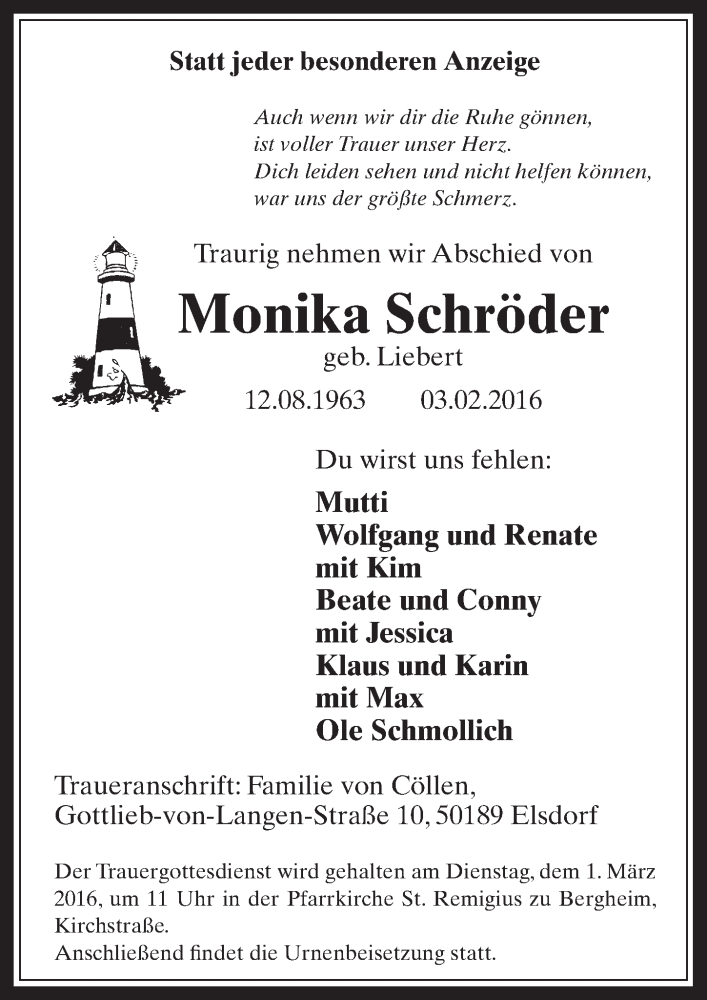  Traueranzeige für Monika Schröder vom 24.02.2016 aus  Werbepost 