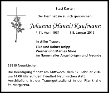 Anzeige von Johanna Kaufmann von Kölner Stadt-Anzeiger / Kölnische Rundschau / Express
