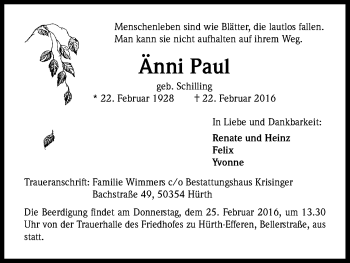 Anzeige von Änni Paul von Kölner Stadt-Anzeiger / Kölnische Rundschau / Express