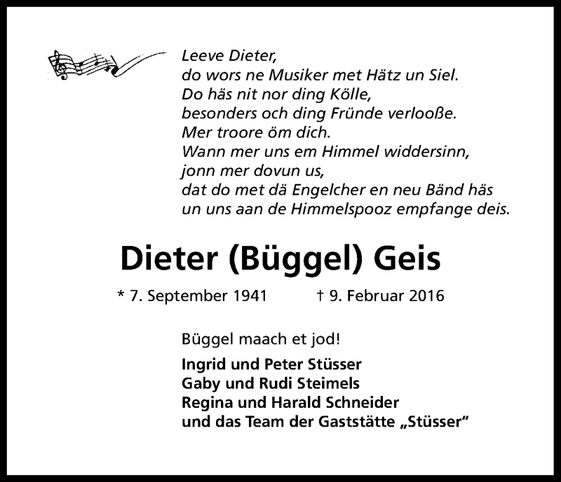  Traueranzeige für Dieter Geis vom 20.02.2016 aus Kölner Stadt-Anzeiger / Kölnische Rundschau / Express