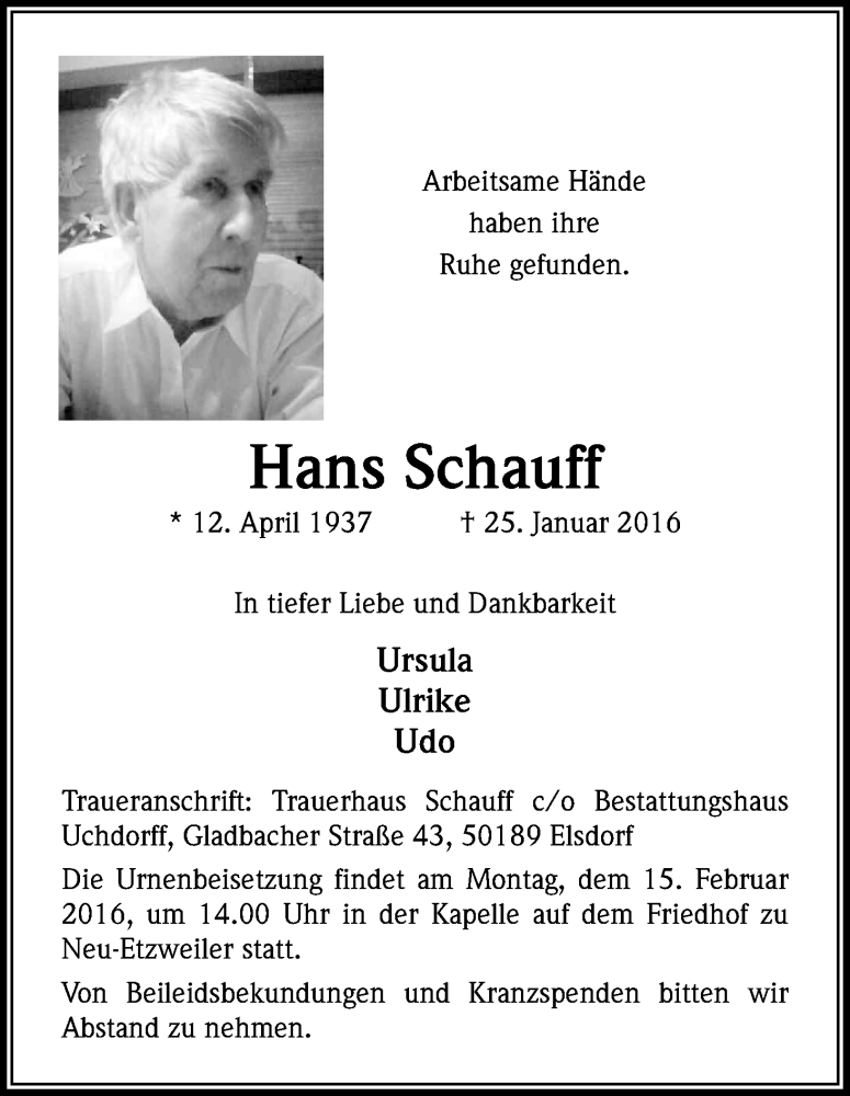  Traueranzeige für Hans Schauff vom 10.02.2016 aus Kölner Stadt-Anzeiger / Kölnische Rundschau / Express