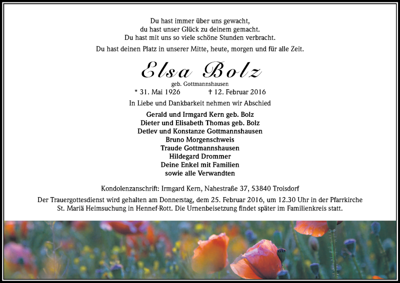  Traueranzeige für Elsa Bolz vom 20.02.2016 aus Kölner Stadt-Anzeiger / Kölnische Rundschau / Express