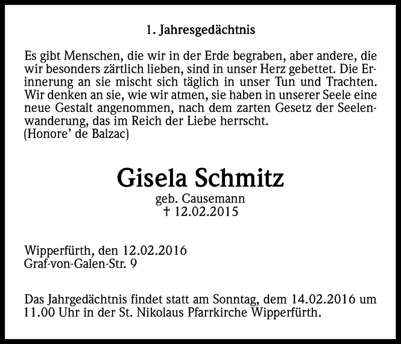  Traueranzeige für Gisela Schmitz vom 13.02.2016 aus Kölner Stadt-Anzeiger / Kölnische Rundschau / Express