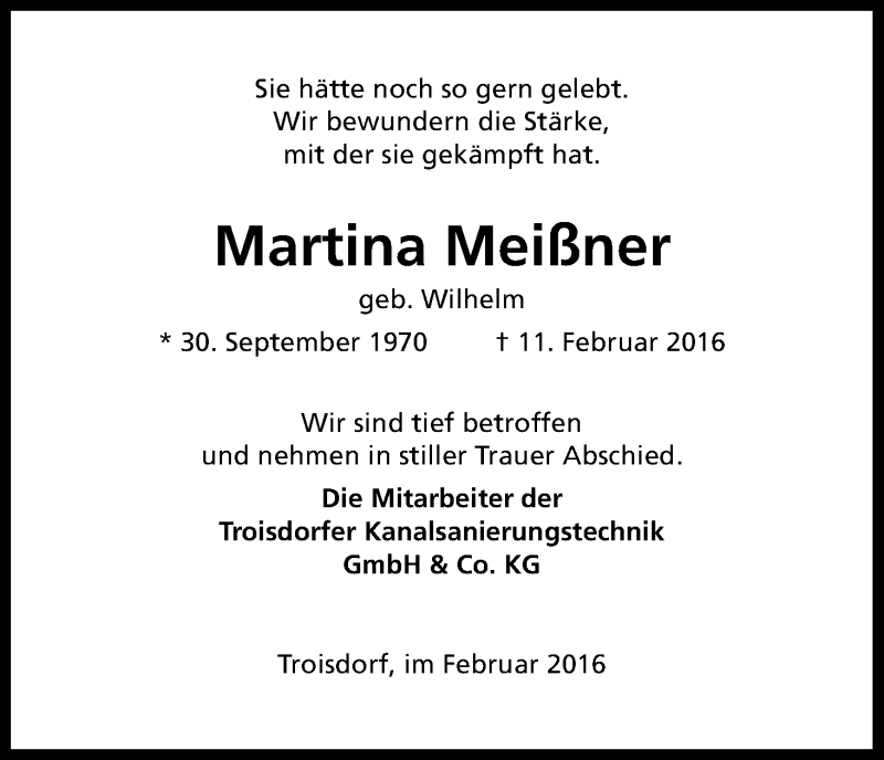  Traueranzeige für Martina Meißner vom 17.02.2016 aus Kölner Stadt-Anzeiger / Kölnische Rundschau / Express