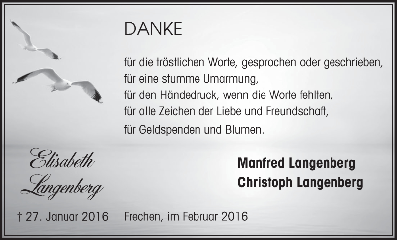  Traueranzeige für Elisabeth Langenberg vom 20.02.2016 aus  Sonntags-Post 