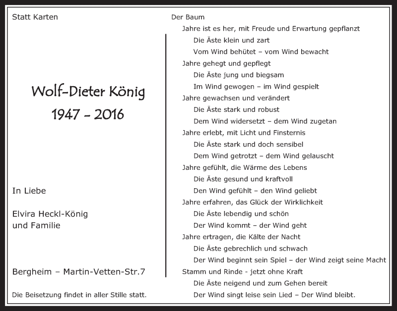  Traueranzeige für Wolf-Dieter König vom 24.02.2016 aus  Werbepost 