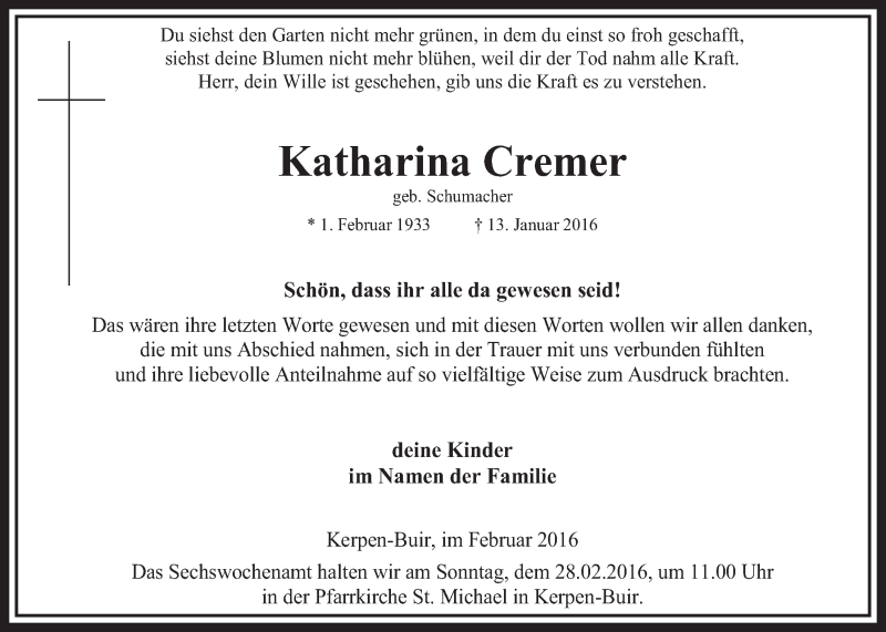  Traueranzeige für Katharina Cremer vom 20.02.2016 aus  Sonntags-Post 