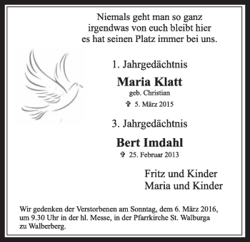 Anzeige von Maria Klatt Bert Imdahl von  Schaufenster/Blickpunkt 