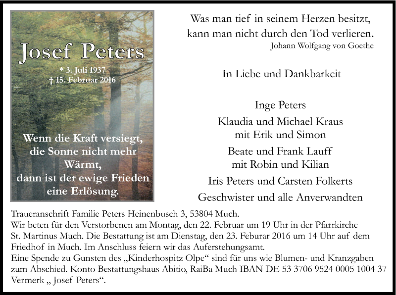  Traueranzeige für Josef Peters vom 20.02.2016 aus Kölner Stadt-Anzeiger / Kölnische Rundschau / Express