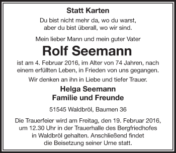 Anzeige von Rolf Seemann von  Lokalanzeiger 