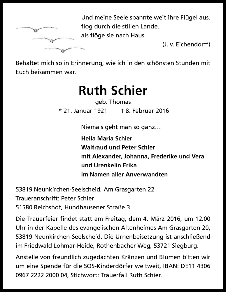  Traueranzeige für Ruth Schier vom 20.02.2016 aus Kölner Stadt-Anzeiger / Kölnische Rundschau / Express