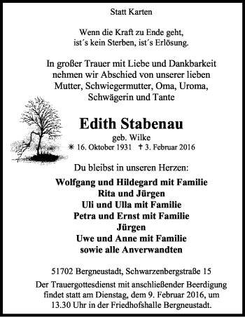 Anzeige von Edith Stabenau von Kölner Stadt-Anzeiger / Kölnische Rundschau / Express