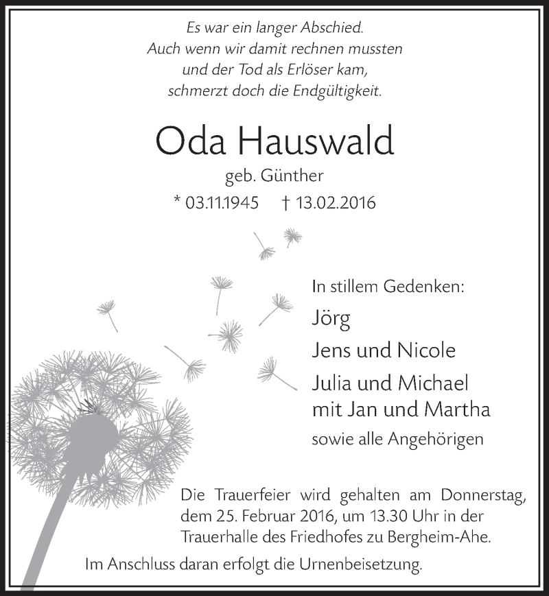  Traueranzeige für Oda Hauswald vom 20.02.2016 aus  Sonntags-Post 
