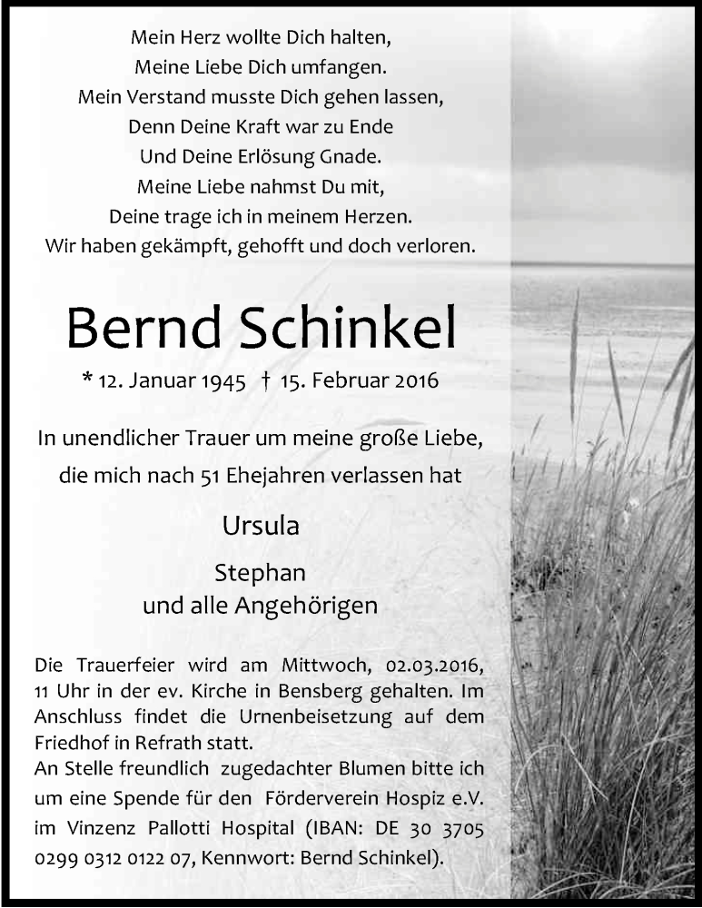  Traueranzeige für Bernd Schinkel vom 24.02.2016 aus Kölner Stadt-Anzeiger / Kölnische Rundschau / Express