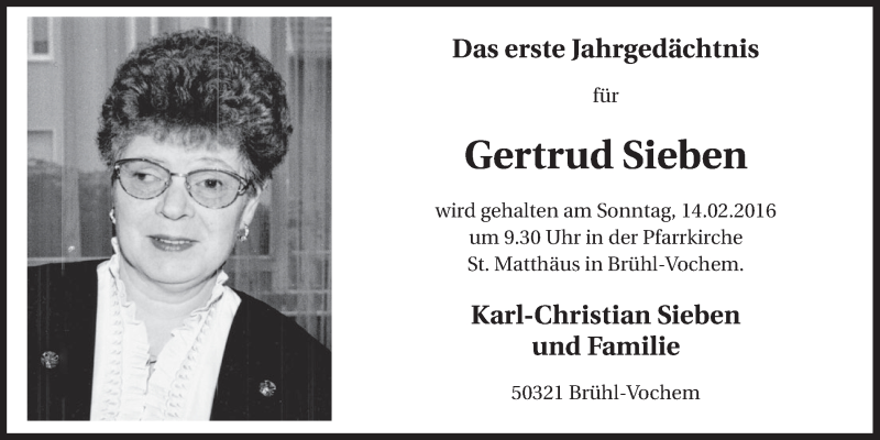  Traueranzeige für Gertrud Sieben vom 10.02.2016 aus  Schlossbote/Werbekurier 
