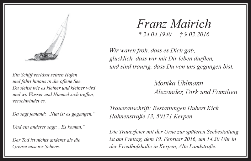  Traueranzeige für Franz Mairich vom 17.02.2016 aus  Werbepost 