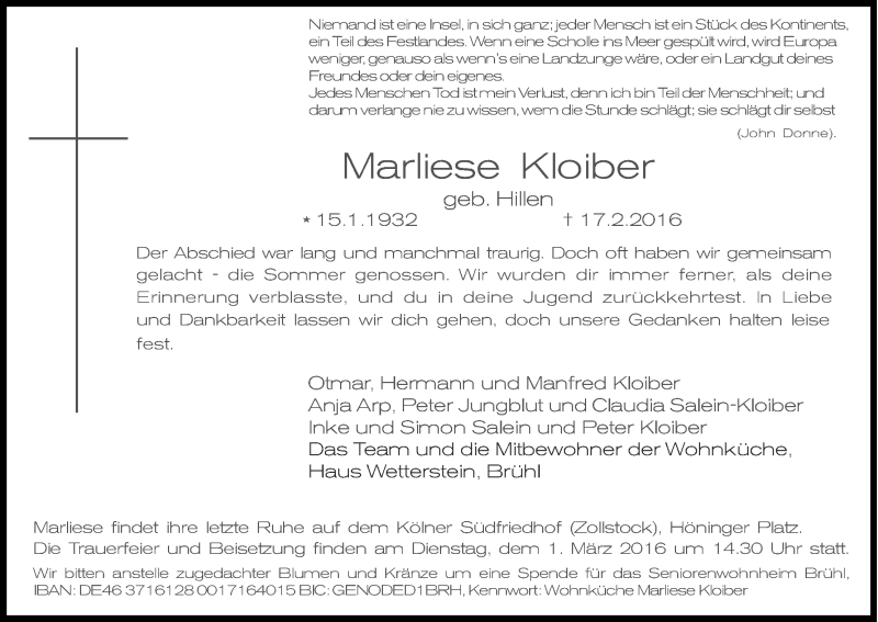  Traueranzeige für Marliese Kloiber vom 22.02.2016 aus Kölner Stadt-Anzeiger / Kölnische Rundschau / Express