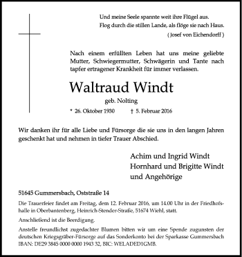 Anzeige von Waltraud Windt von Kölner Stadt-Anzeiger / Kölnische Rundschau / Express