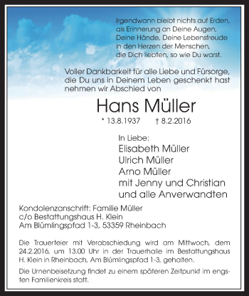 Anzeige von Hans Müller von  Schaufenster/Blickpunkt 