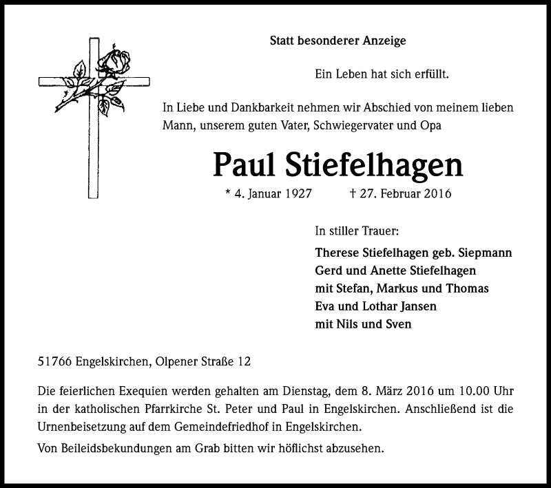  Traueranzeige für Paul Stiefelhagen vom 01.03.2016 aus Kölner Stadt-Anzeiger / Kölnische Rundschau / Express