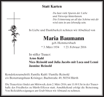 Anzeige von Maria Baumann von  Sonntags-Post 