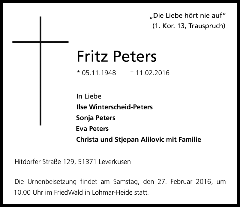  Traueranzeige für Fritz Peters vom 20.02.2016 aus Kölner Stadt-Anzeiger / Kölnische Rundschau / Express