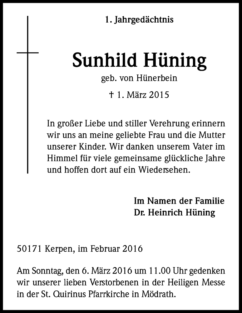  Traueranzeige für Sunhild Hüning vom 20.02.2016 aus Kölner Stadt-Anzeiger / Kölnische Rundschau / Express