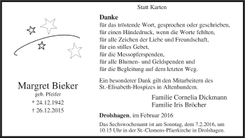 Anzeige von Margret Bieker von Kölner Stadt-Anzeiger / Kölnische Rundschau / Express