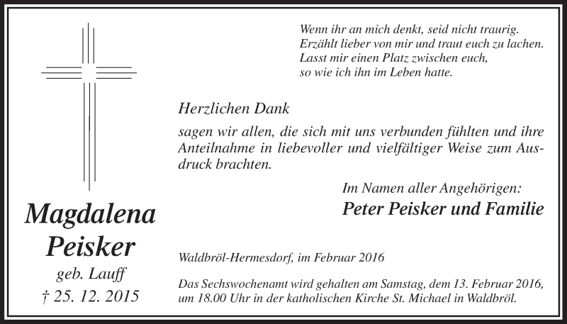  Traueranzeige für Magdalena Peisker vom 10.02.2016 aus  Lokalanzeiger 