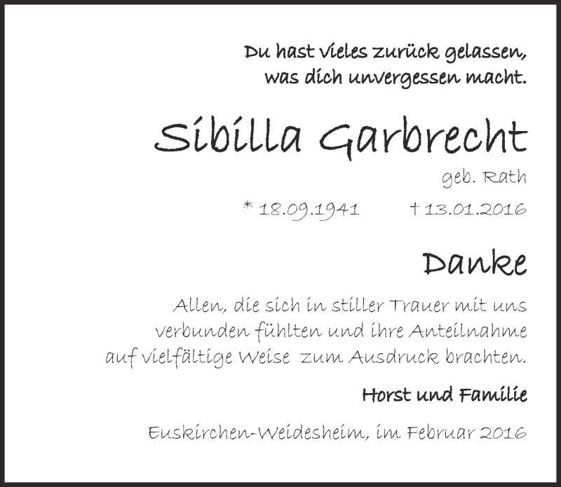  Traueranzeige für Sibilla Garbrecht vom 21.02.2016 aus  Blickpunkt Euskirchen 