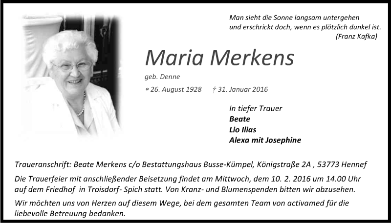  Traueranzeige für Maria Merkens vom 05.02.2016 aus Kölner Stadt-Anzeiger / Kölnische Rundschau / Express