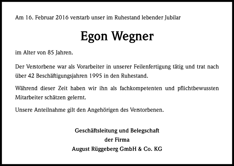  Traueranzeige für Egon Wegner vom 25.02.2016 aus Kölner Stadt-Anzeiger / Kölnische Rundschau / Express