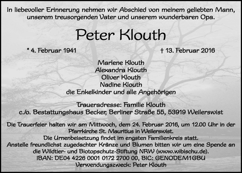  Traueranzeige für Peter Klouth vom 21.02.2016 aus  Blickpunkt Euskirchen 