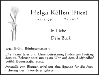 Anzeige von Helga Köllen von  Schlossbote/Werbekurier 
